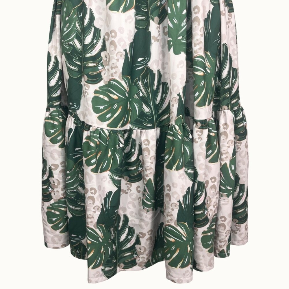 Boutique Tropical Leaf & Leopard Print Dress W Belt Puff Sleeves & Headband - Picture 5 of 8